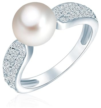 Valero Pearls Damen Perlenring 925/- Sterling Silber Süßwasser-Zuchtperle | Perlengröße 8-9 mm,Weiß,Button-Form,Zirkonia,Steine,Silberring,Pavékranz,Damenring,Ring,echte Perle,Perlenschmuck,4 mm Breit