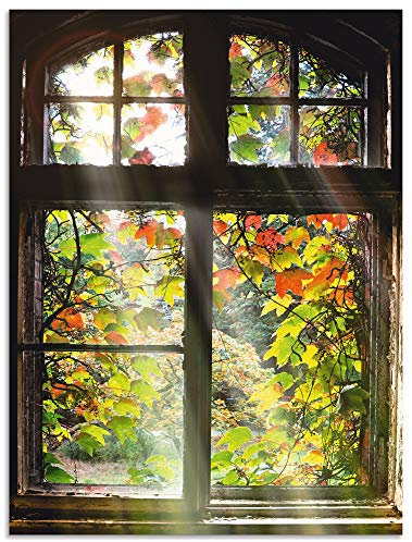 ARTland Wanddeko Wandbild Alu Verbundplatte für Innen & Outdoor Bild Fensterblick Fenster Herbst Natur Landschaft Altbau Sonne Baum T5XH