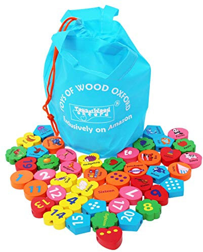 TOWO Holz-Alphabet-Zahlenblöcke – Buchstaben ABC Fädeln Perlen Sortieren Spielzeug 46 Stück – Schnürung Puzzle – pädagogisches Farbabstimmungsspielzeug für 3 Jahre alte Feinmotorik STEM Montessori