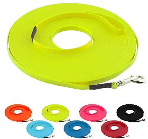 LENNIE Ultraleichte BioThane Schleppleine für Hunde bis 5kg, 5m lang, mit Handschlaufe, Neon-Gelb, genäht, 9 mm