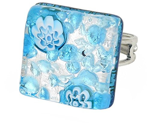 Glass Of Venice Murano-Glasring – quadratischer Verstellbarer Ring in Aquablau mit Blattsilber ausgekleidet. Geblasenes Glas – Ringe aus Muranoglas für Damen, handgefertigt in Italien