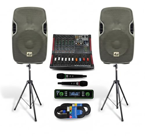 Complete Professional 2000 Watts Complete PA System 4 Channel Power Mixer 12 Speakers Dual Wireless Microphone Stand