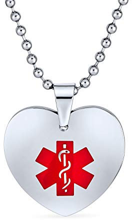 Bling Jewelry Grabable Médico De Identificación De Alerta Médico Id Corazón Dog Tag Collar Colgante Para Mujeres Para Adolescentes De Acero Inoxidable