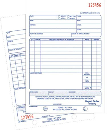 Adams Repair Order Book, Carbonless, 2-Part, White/White, 5-9/16 x 8-7/16 Inches, 50 Sets (D5084)