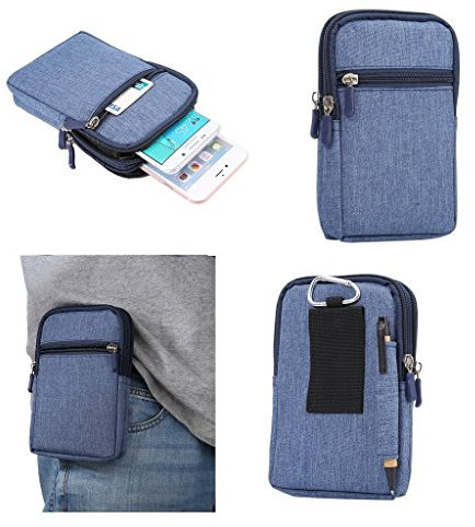 DFV mobile - Universal Multi-Functional Vertical Stripes Pouch Bag Case Zipper Closing Carabiner for Highscreen Spider - Blue (17 x 10.5 cm)