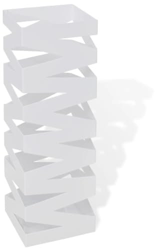 vidaXL Durable White Square Umbrella Stand - Powder-coated Steel Storage Holder for Umbrellas, Walking Sticks, Trekking Poles - 48.5 cm Height with Removable Plastic Drip Tray