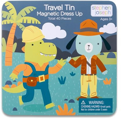 Stephen Joseph, Magnetic Dress Up Dolls 40 PC Play Set – Screen-Free Pretend Play Magnetic Case, Ideal for Ages 3+ – Travel Game for Kids, Magnetic On The Go Activity Set, Dino and Dog