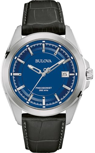 Bulova Men's Precisionist 3-Hand Calendar Stainless Steel with Black Leather Strap and Blue Dial Style: 96B257