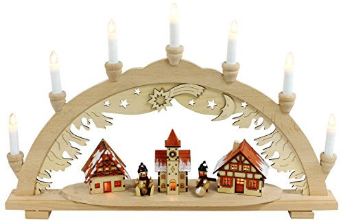 Dekohelden24 Schwibbogen aus Buchenholz, Motiv: Schneemannfiguren und verschneiten Häusern innen beleuchtet, 10 flammig, Breite 57 cm x Tiefe 9 cm x Höhe 38 cm, Schneemänner