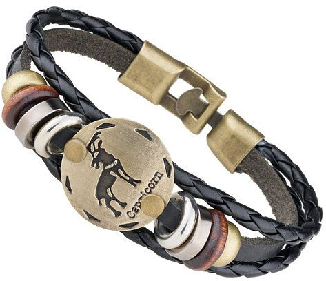 Mianova Unisex Leder Armband Armreif Surfer Armband Armreif Vintage Leder Armband Armreif mit Sternzeichen Charms Schwarz Altgold Steinbock