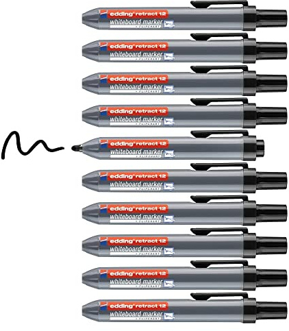 edding 12 Retract whiteboard marker - black - 10 whiteboard pens - round nib 1.5-3 mm - capless design - for one-handed use on whiteboards, flipcharts, magnetic boards, pinboards, memo boards