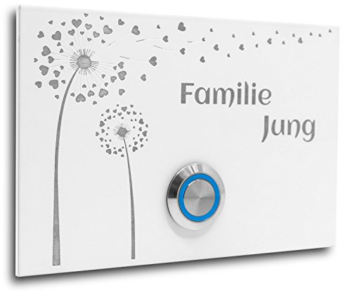 Jung Edelstahl Design Türklingel London 3 weiß RAL9016 pulverbeschichtet | Motiv Pusteblume Klingelschild 12 X 8 cm | Haustürklingel V2A Edelstahl LED Taster (blau)
