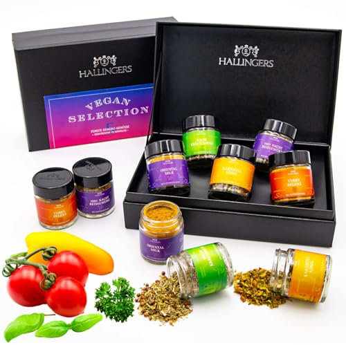 Hallingers Vegan Selection - 5 vegane Gewürze vegetarisch Set Geschenkset handmade fünf Gewürzgläser in Gewürz Organizer (Set) - Geschenk im Sommer & als perfektes Grillgeschenk | Geburtstag Glückwuns