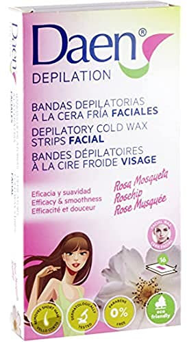 DAEN bandas depilatorias faciales cera fría rosa mosqueta 16 uds