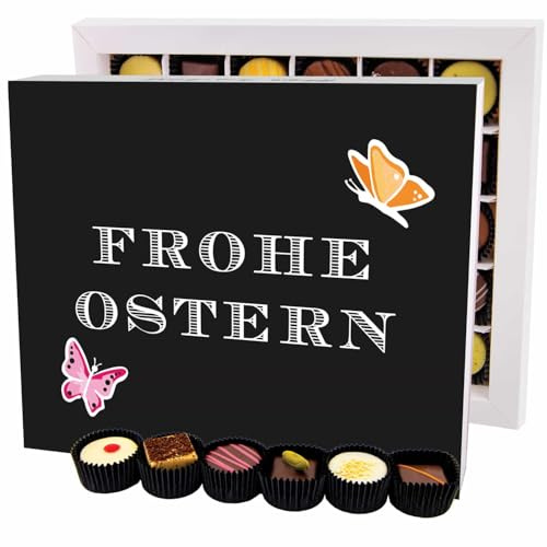 Hallingers Genuss Manufaktur Pralinen Oster-Geschenk - ohne Alkohol, handmade aus Confiserie-Edelkakao in wertiger XXL-Geschenkbox Frohe Ostern Black, Ostern Körbchen für Frauen Männer