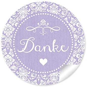 24 STICKER: 24 Edle Etiketten in Lila mit Herz und Ornamente Danke (A4 Bogen) • Papieraufkleber (Sticker/Aufkleber/Etiketten im Format 4 cm, rund, matt)