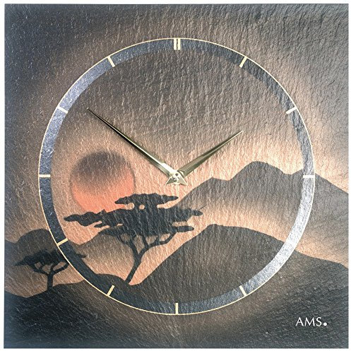 AMS 9515 Designer Wand Uhr Wohnzimmer, Airbrush Design Terracotta Gold - Motiv Sonnenuntergang, Kunstuhr Unikat Kunstobjekt Schiefer-Optik Natur