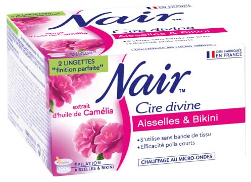 NAIR - Cire Divine Aisselles & Bikini à l'Extrait de Fleur de Camélia, Se Retire Sans Bandes, Pot de 100g + 2 Lingettes Finition Parfaite