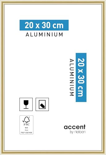 accent by nielsen Bilderrahmen, 20 x 30 cm, Aluminium, Gold glanz, Fotorahmen zum Auftstellen und Aufhängen im Hoch- & Querformat, Echtglas, Accent