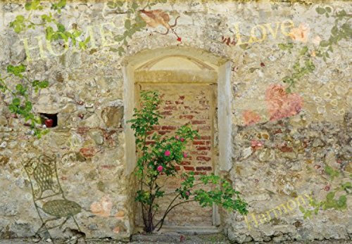 1art1 Mauern Romantische Garten-Mauer, 3-Teilig Selbstklebende Fototapete Poster-Tapete 360x250 cm
