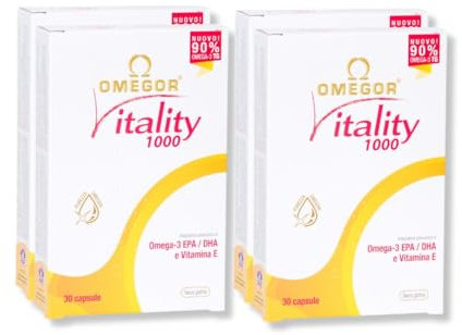 OMEGOR Vitality 1000 Omega 3 Certificato IFOS 5 Stelle - Ricco di EPA e DHA - Favorisce le Funzioni Cardiovascolari e Cerebrali - 30 cps (4 confezioni)