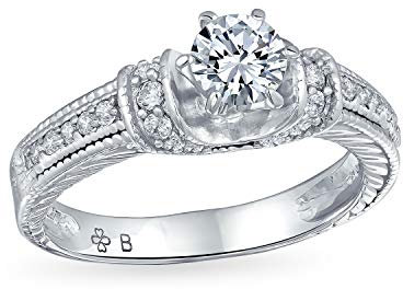 Sie Vintage Art Deco Stil 1Ct Brillant Runde Solitär U Set 6 Prong Aaa Cz Verlobungsring Für Frauen Mit Komplizierten Heirloom Filigrane Details Auf Seiten Der Pave Band .925 Sterling Silber