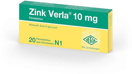 Zink Verla 10 mg Filmtabletten - Arzneimittel mit organischem Zink-D-gluconat, zur Behandlung von Zinkmangel, besonders leicht zu schlucken, gluten-, laktose-, zuckerfrei & vegan, 20 St