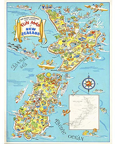 Wee Blue Coo Map Zealand North South Island Tourism Art Print Poster Wall Decor Kunstdruck Poster Wand-Dekor-12X16 Zoll