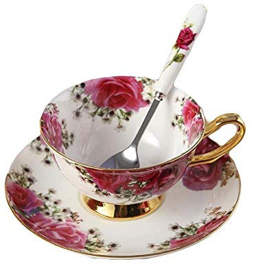 YBK Tech Euro style Coupe & Soucoupe Ensemble Art OS Chine Céramique Thé Café Coupe pour Accueil Cuisine Mariage (Rose rouge)