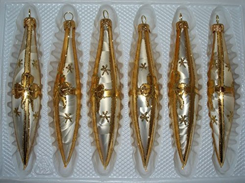 6 TLG. Glas-Zapfen Set in Ice Champagner Goldene Schleife - Christbaumkugeln - Weihnachtsschmuck-Christbaumschmuck