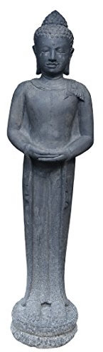 Korb-Outlet Große Buddha-Figur mit flachen Händen Steinguss/stehender Steinbuddha 150cm, Steinfigur/Skulptur für Haus und Garten