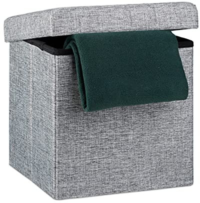 Relaxdays Faltbarer Sitzhocker, Sitzcube als Fußablage, Sitzwürfel aus Leinen, Deckel zum Abnehmen, 38x38x38 cm, grau
