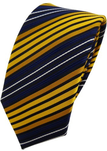 TigerTie - schmale Designer Krawatte in gelb dunkelgelb blau schwarz gestreift