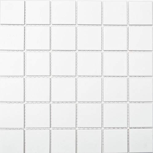 Carrelage de mosaïque carré uni blanc mat - Dimensions : 48 x 48 x 6 mm - Dimensions de la feuille : 298 x 298 mm - 1 feuille/tapis