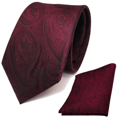 TigerTie Designer Krawatte + Einstecktuch in rot weinrot schwarz paisley Muster