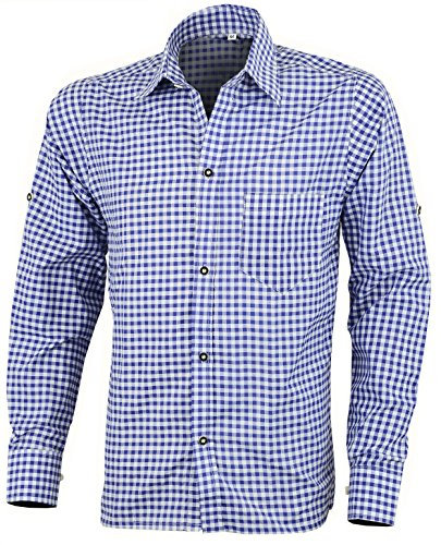 Mens Bavarian Classic Style Lederhosen Longsleeves Blue Checked Shirts (L)