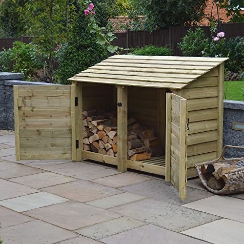 Rutland County Garden Furniture Hambleton 4ft Tall Log Store/Garden Storage Heavy Duty Pressure Treated Timber With Forward Sloping Roof (Solid Log Store With Door, Light Green)