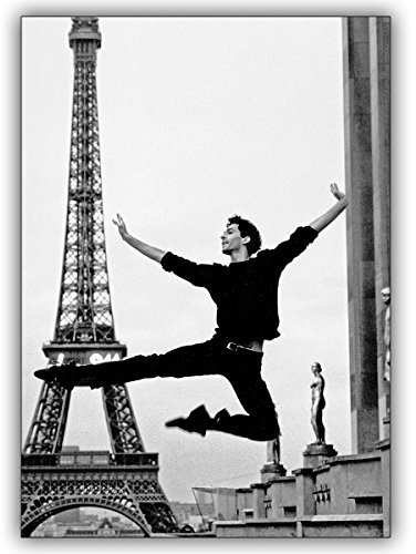 16 Tanz Grusskarten (16er Set): Foto Grußkarte in schwarz weiß: Klassisches Ballett vor dem Eifelturm, Paris • schöne Klappkarte mit Umschlag als Grußkarte