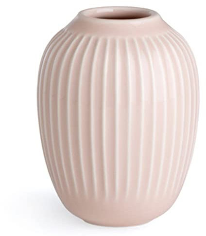 Kähler Hammershoi Vase aus Porzellan mit Rillen, Moderne Vase, rund, bauchige, skandinavisches Design Vase für Blumen, Rosa, 10.5cm