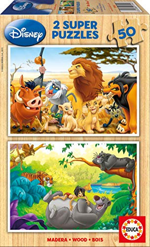 Educa - Holzpuzzle mit 50 Teile | Disney Tierfreunde, 2x50 Teile Holzpuzzle, Kinderpuzzle ab 4 Jahren, König der Löwen, Dschungelbuch (13144)