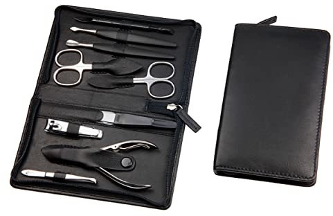 Sonnenschein by Hans Kniebes - 9-tlg Maniküre Set – Nagelschere, Knipser, Pinzette, Feile, Nagelzange – Maniküre Etui aus echtem Nappa-Lammleder schwarz