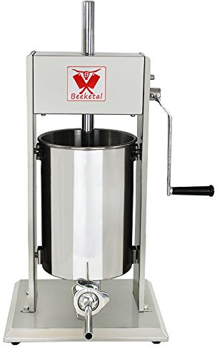 Beeketal 'BT012' Edelstahl Industrie Wurstfüllmaschine (12 L Volumen) SGS-geprüft, Profi Wurstfüller mit gehärtetem 2 Gang Vollmetall-Getriebe und 90° Aluguss Handkurbel, inkl. 5 Fülltüllen