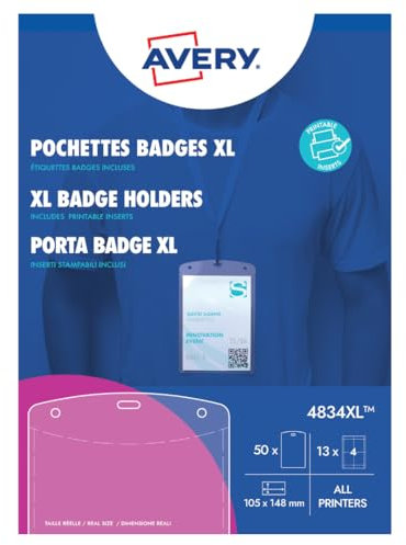 AVERY - Boite de 50 pochettes badges ''grand format'' en plastique souple transparent, 52 inserts imprimables fournis, Format 105 x 148 mm (A6), Impression laser / jet d'encre, (4834XL)
