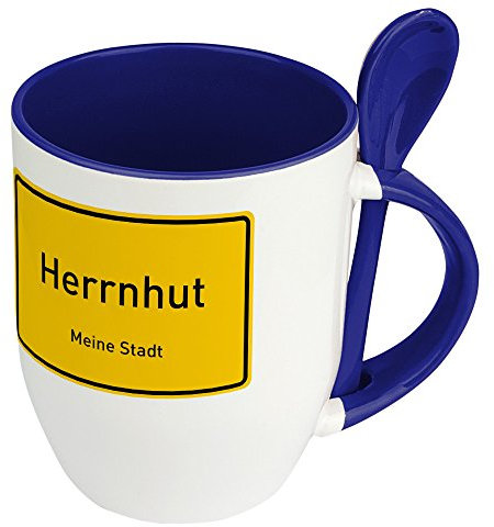 Städtetasse Herrnhut - Löffel-Tasse mit Motiv Ortsschild - Becher, Kaffeetasse, Kaffeebecher, Mug - Blau