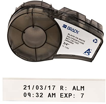 Brady Polypropylen Etikettenband für M210, M211 Drucker – Chemische und Kryogene Beständige Labor Etiketten – Schwarz auf Weiß, Matt (19,05 mm x 6,4 m) – M21-750-7425
