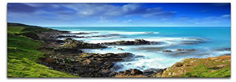 Paul Sinus Art Panoramabild auf Leinwand und Keilrahmen 150x50cm Neuseeland Küste Wiese Meer Wolken