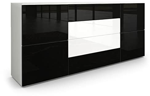 Vladon Sideboard Rova, Made in Germany, Kommode mit 4 Türen und 4 Schubladen, Weiß matt/Schwarz Hochglanz/Weiß Hochglanz (166 x 72 x 35 cm)