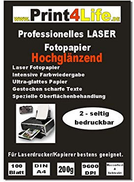 Print4Life 100 Blatt DIN A4 200g/m² BEIDSEITIG hochglänzendes Fotopapier (High Glossy) für Laserdrucker/Kopierer