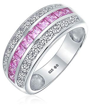 Art-Déco-Ring mit rosa simuliertem Turmalin, AAA-Zirkonia, Halb-Ewigkeitsring mit Kanalfassung, Princess-Cut-CZ-Dom, 3-reihig, breites Statement-Hochzeitsband, Ring aus 925er Sterlingsilber,