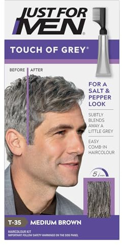 Just for men Touch of Grey, Medium Brown Hair Dye, T35 | Achieve a salt & pepper look by gradually reducing a little grey. No ammonia or peroxide. Works within 5 minutes